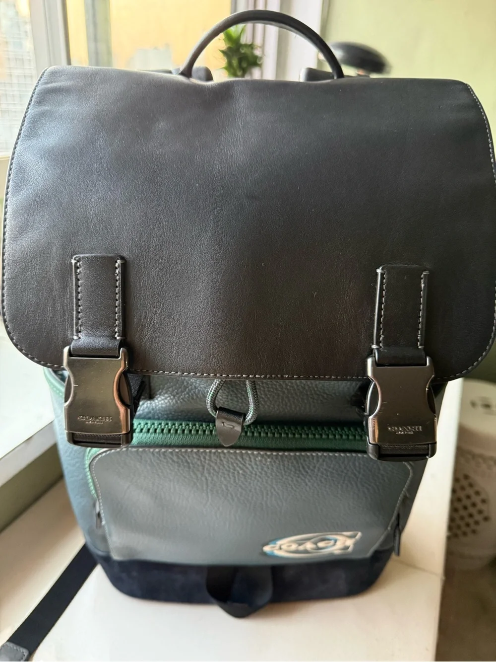 Coach Two-Tone Black and Teal Leather Backpack